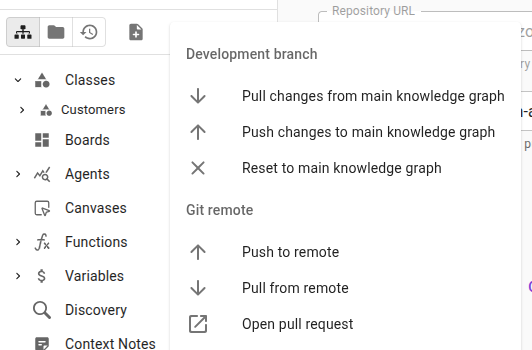 The editor's Git operations menu on a development branch, including the Open pull request action.
