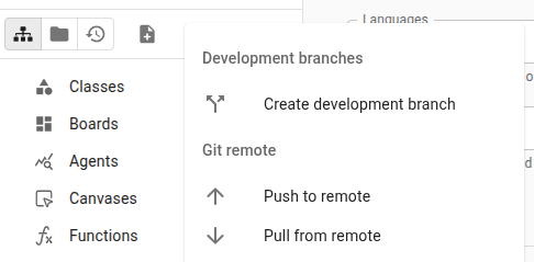 The editor's Git operations menu, with Push to remote and Pull from remote.
