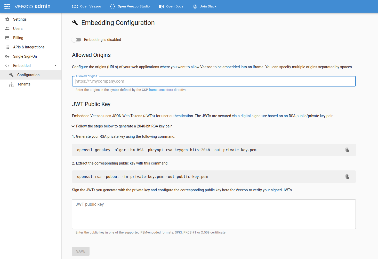Admin Embedded Configuration