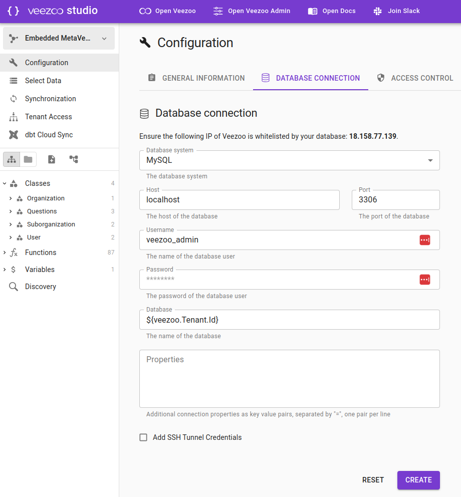 Studio > Configuration > Database Connection