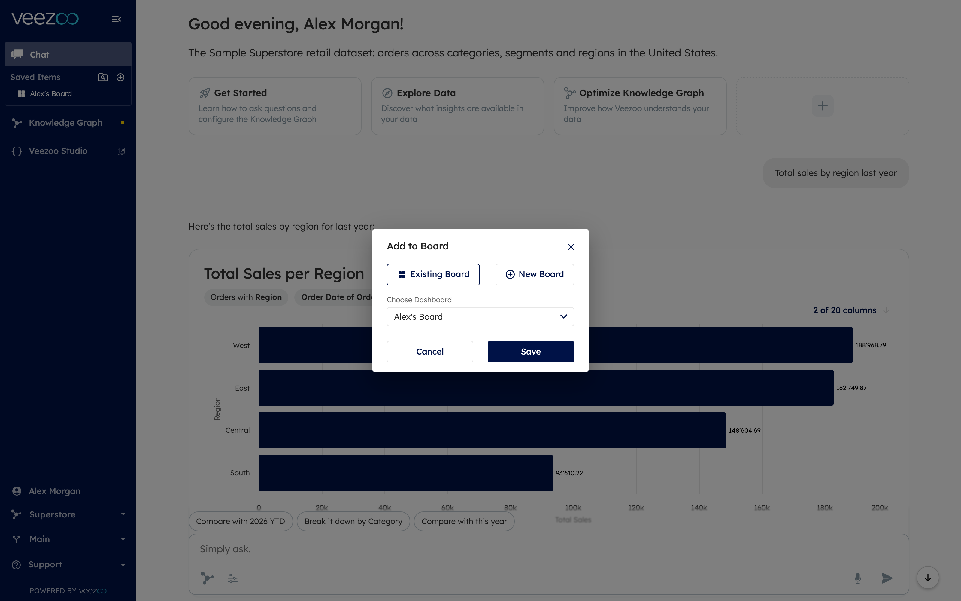 The Add to Board dialog: choose an existing board or create a new one