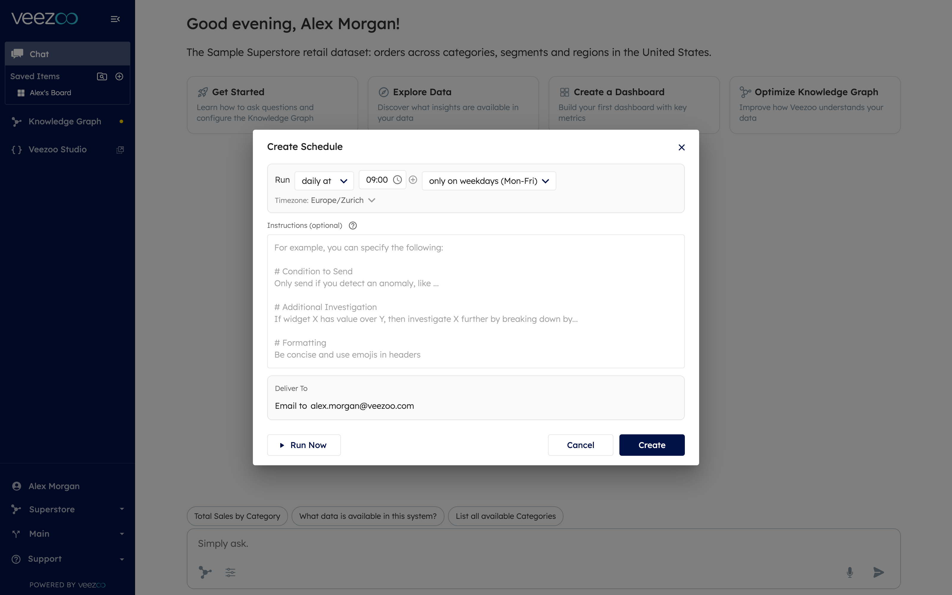 The Create Schedule dialog with frequency, time, timezone, alert instructions and delivery channel
