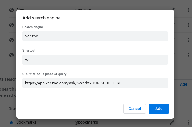 Chrome Settings > Search engine > Manage search engines > Add