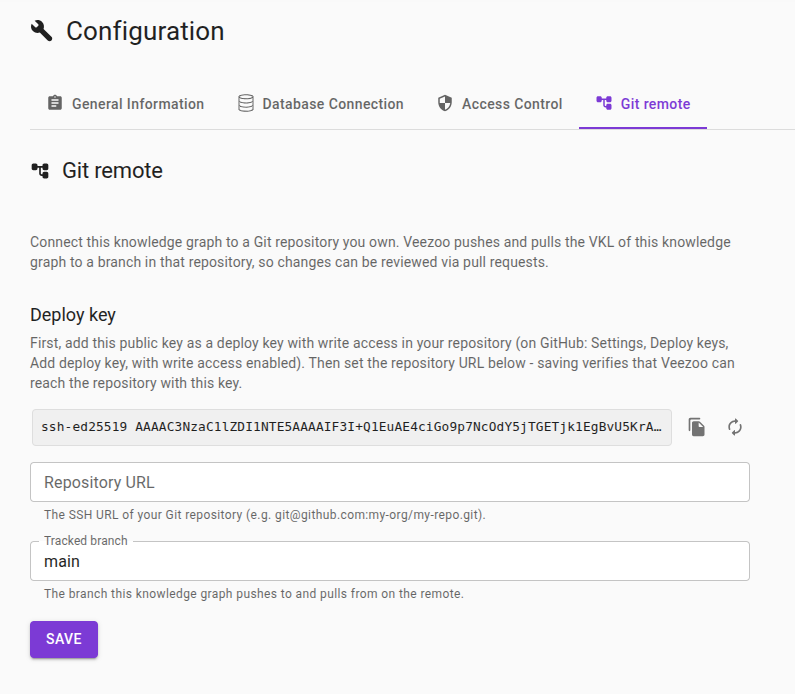 The Git remote tab in a knowledge graph's configuration, showing the deploy key, repository URL, and tracked branch.