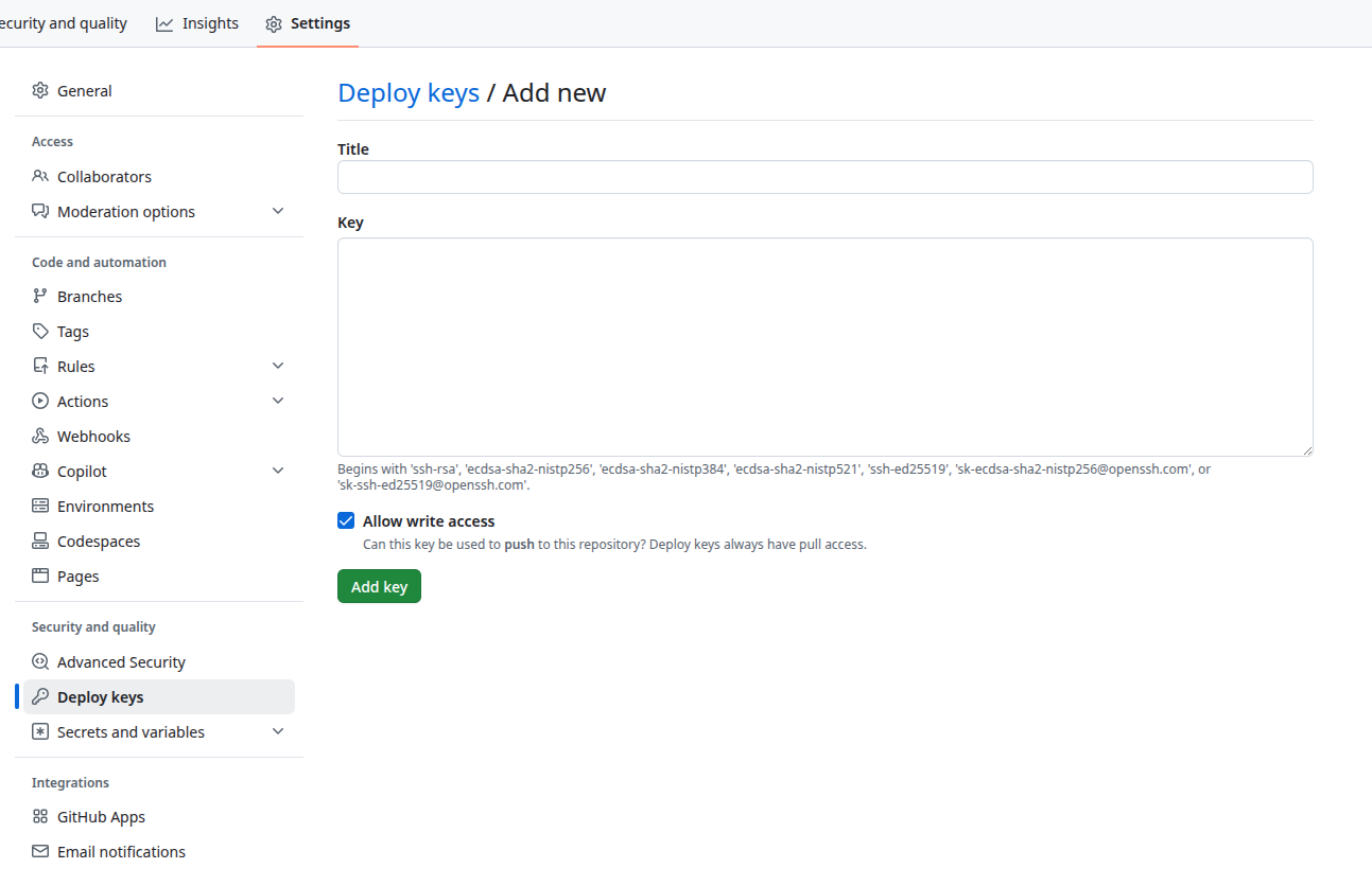 GitHub's Add deploy key form with "Allow write access" enabled.
